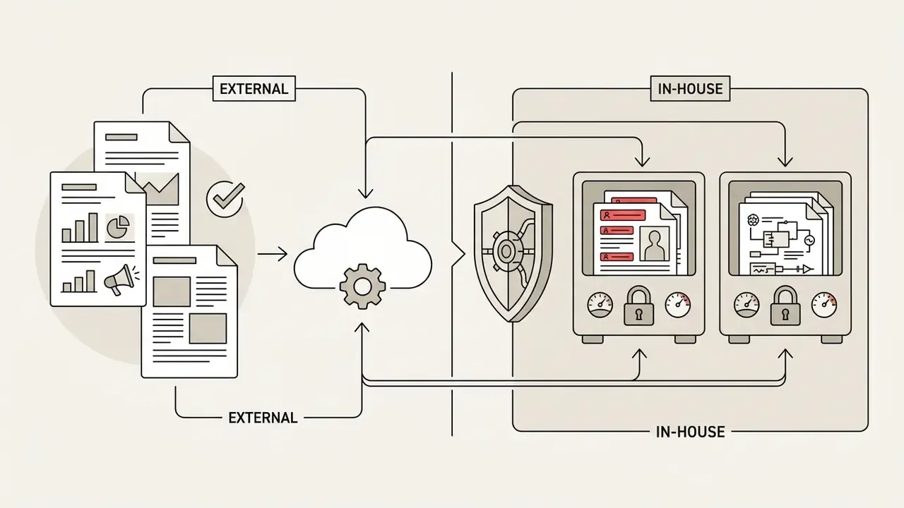 Flowchart comparing external cloud processing with secure in-house document storage and protection