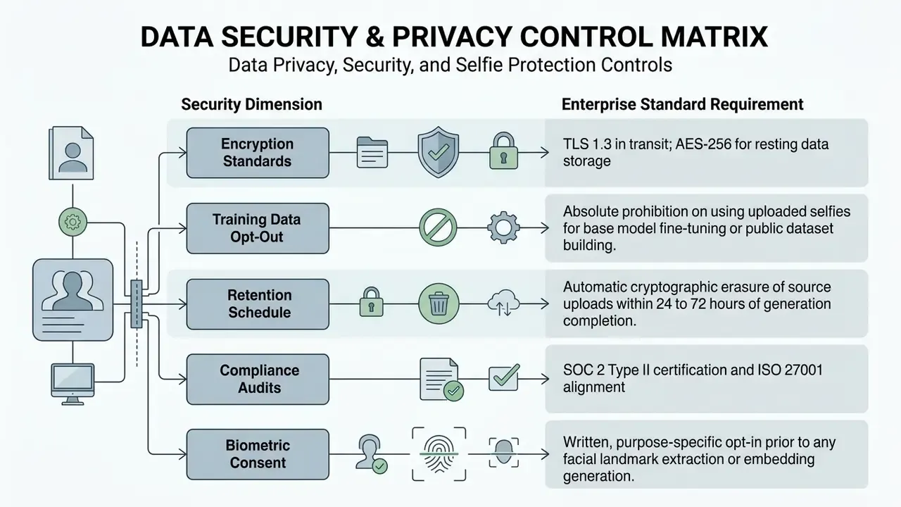 List of enterprise security standards for data encryption, training opt-out, retention, and compliance