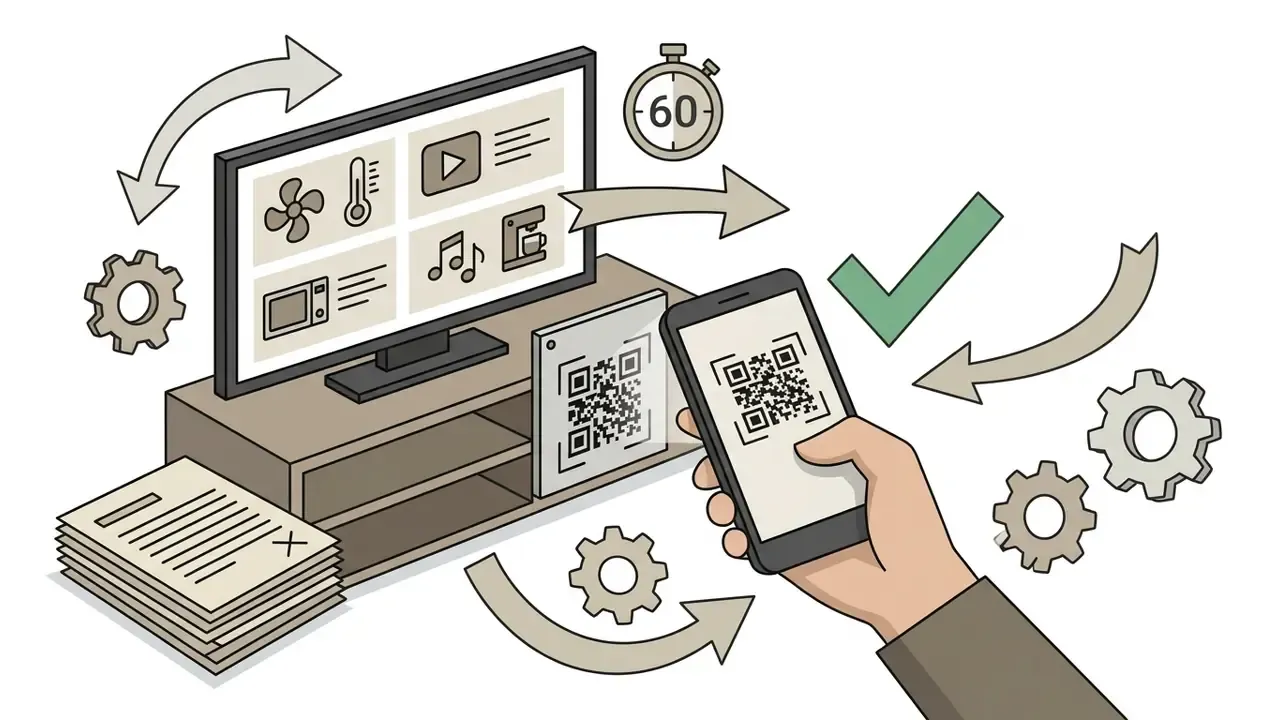 Smartphone scanning a QR code on a hotel media table to display a 60-second instructional video on a TV