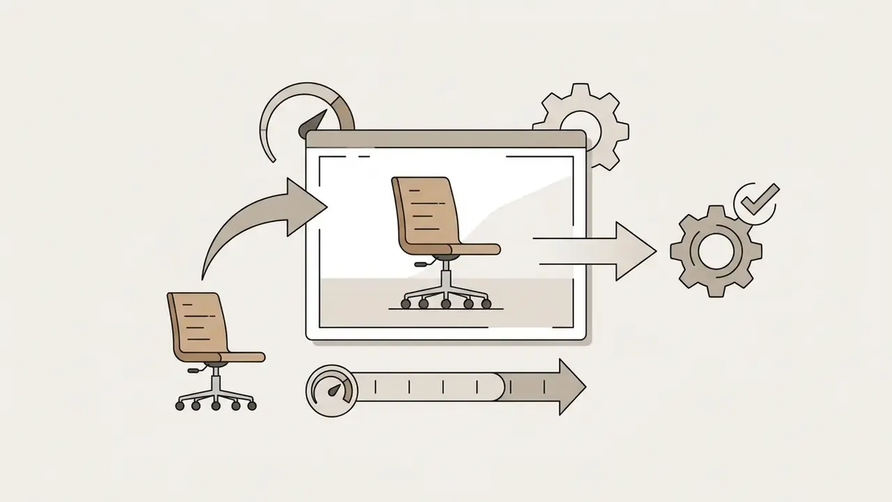Office chair icon moving into a digital window frame with gears and speed gauges indicating processing