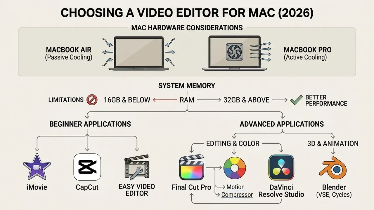 Summary of hardware cooling, RAM requirements, and software options for creative workflows on Apple devices