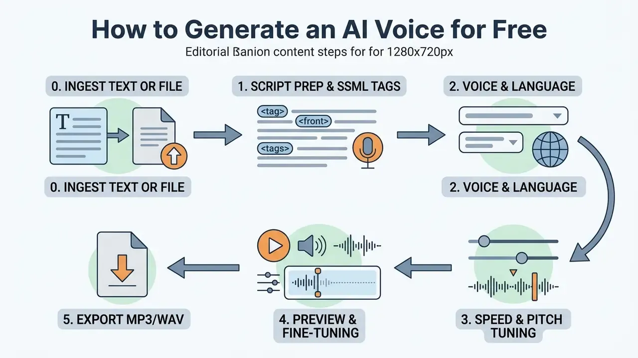 Sequential steps for an AI voice generator starting from text input through script tuning to final export