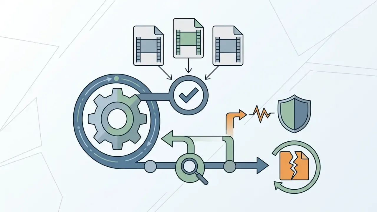 Gear mechanism processing video files into snapshots protected by a shield icon against data loss