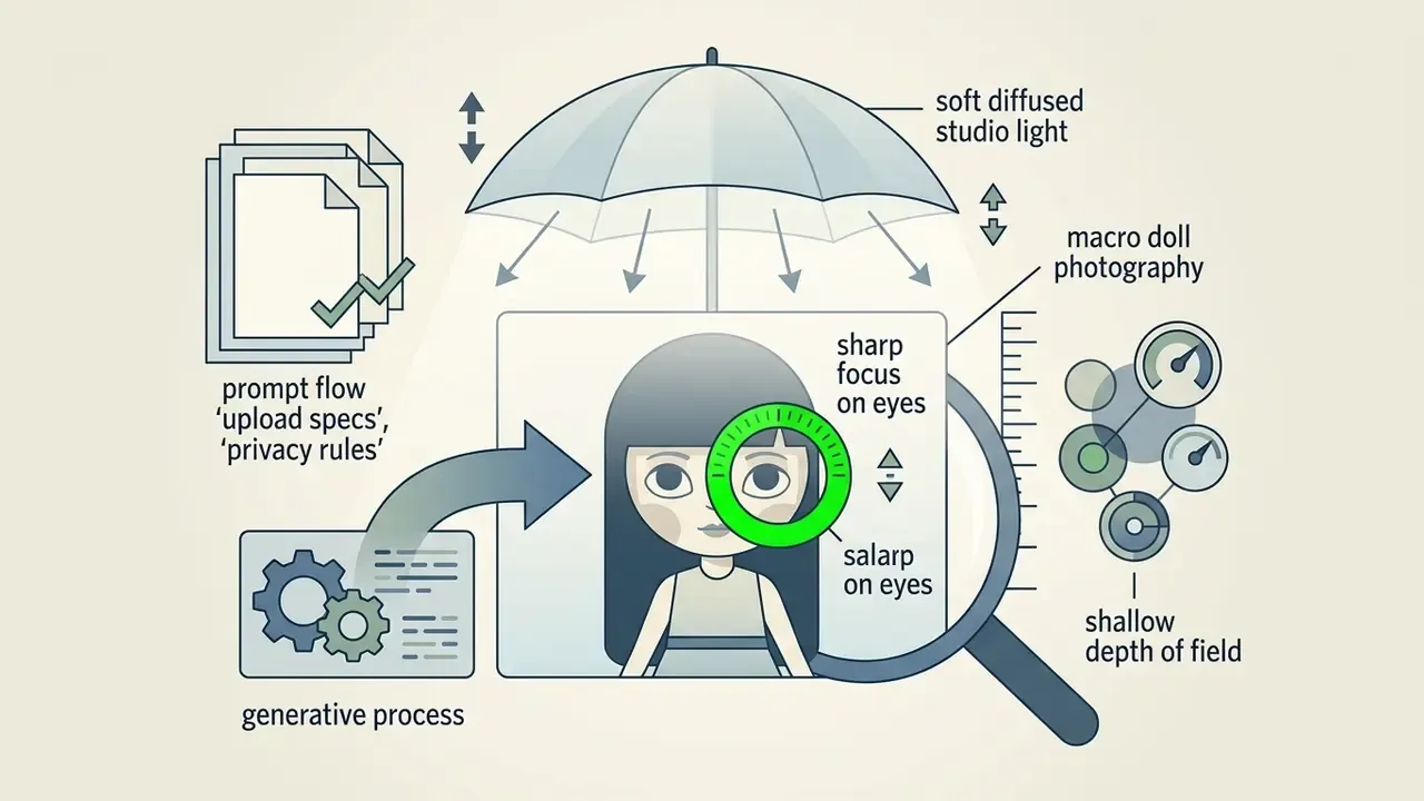 Studio lighting umbrella and magnifying glass focusing on a stylized doll portrait with camera settings