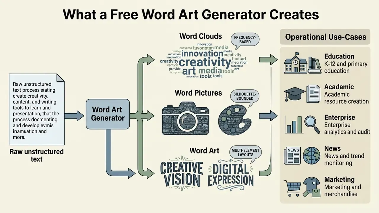 Flowchart showing how raw text is transformed into word clouds, pictures, and art for various use cases
