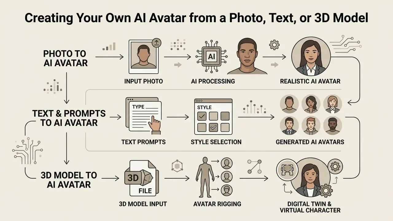Flowchart showing how to create an AI avatar from a photo, text prompts, or a 3D model input