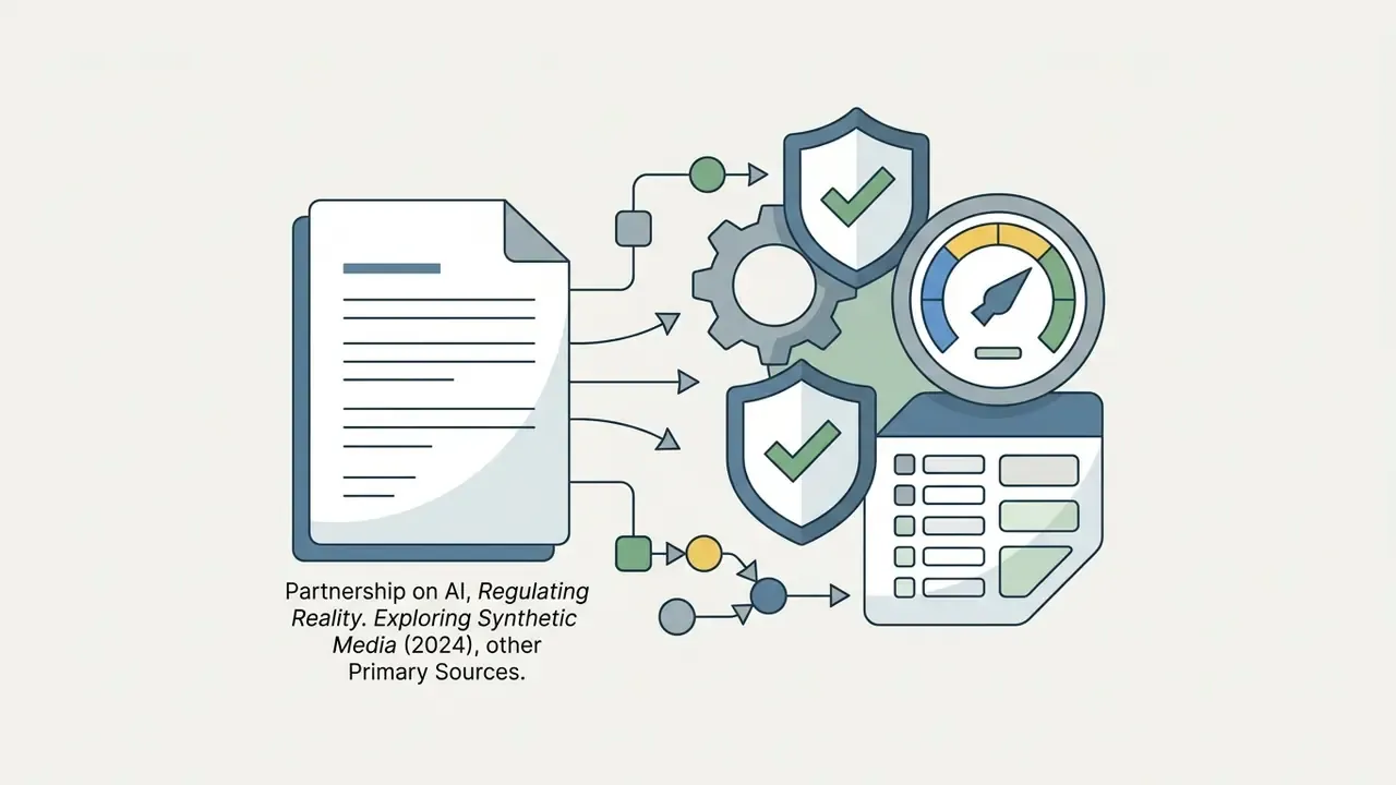 Document feeding into a system of gears, shields with checkmarks, a gauge, and a data input form