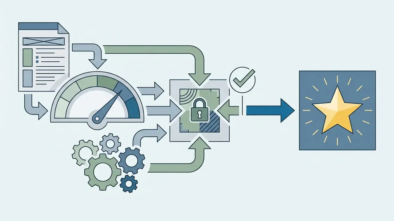 Document data and gear movements flowing through a gauge into a locked box to produce a star icon