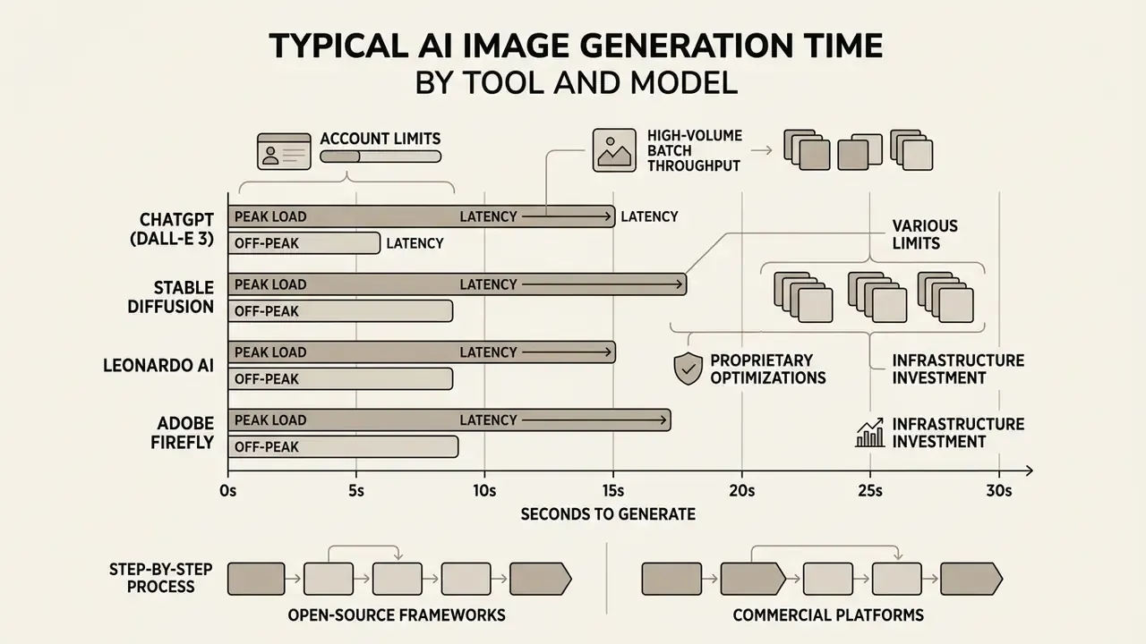 Bar chart comparing AI image generation time across various tools during peak and off-peak periods
