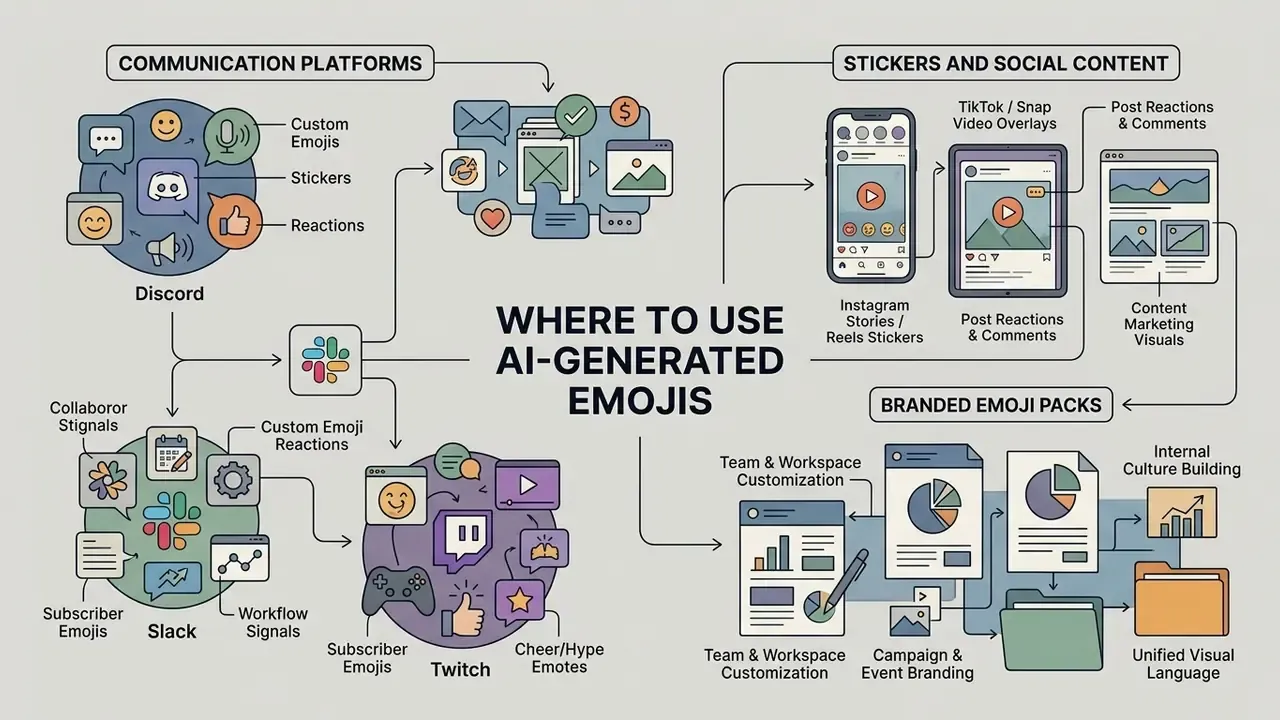 Infographic mapping applications for custom digital icons across social media, team platforms, and branding