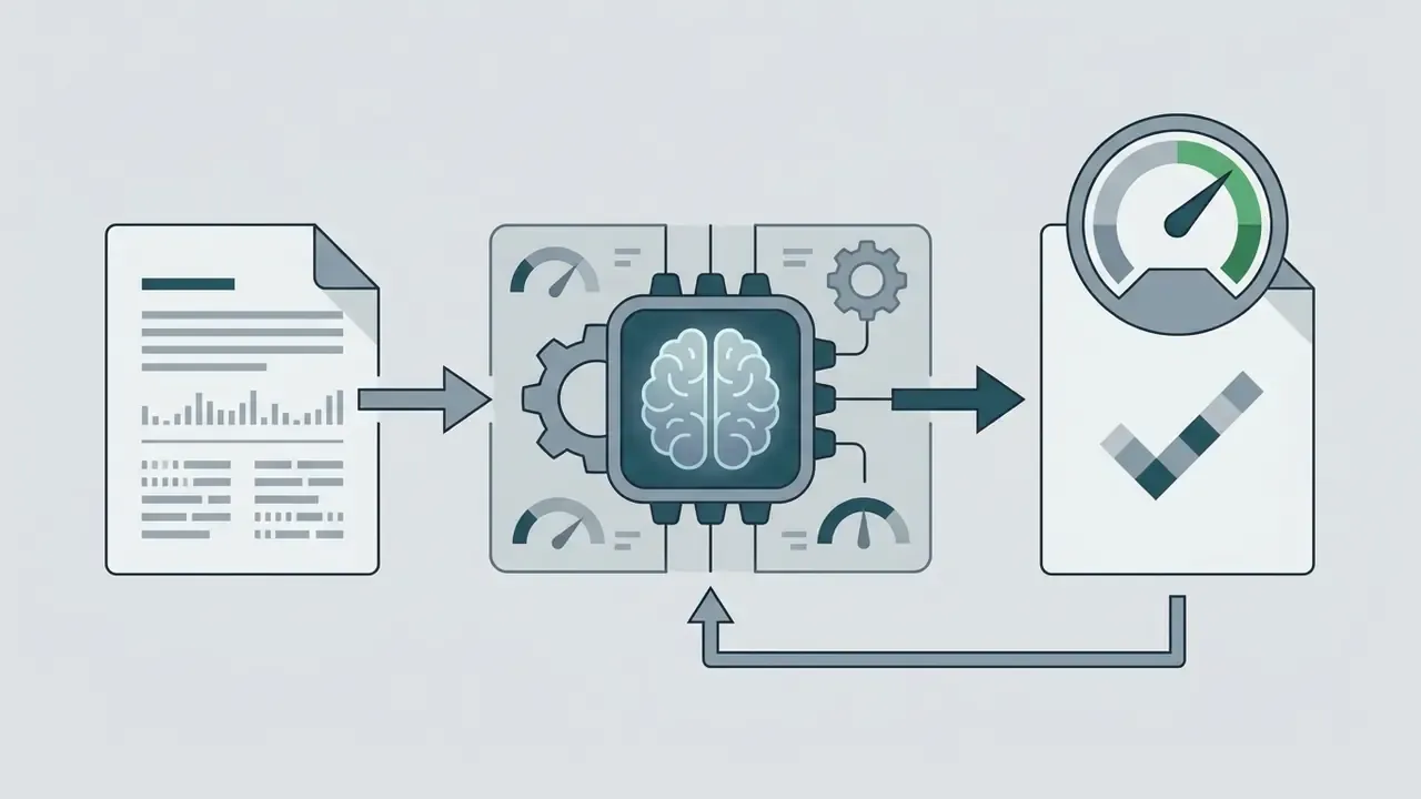Document feeding into an AI brain processor that outputs a verified report with a performance gauge