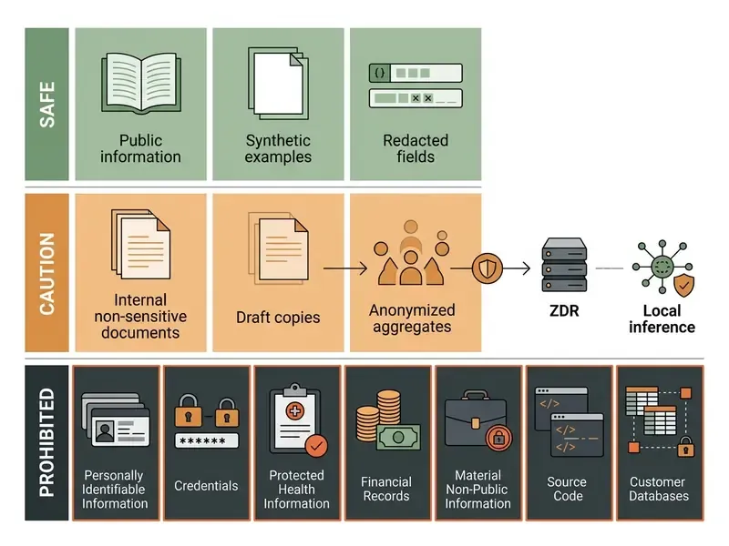 Matrix categorizing data as safe, caution, or prohibited for use in AI prompts and local inference
