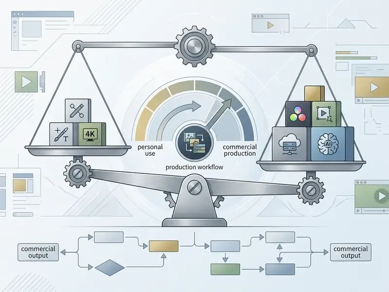 Balance scale weighing basic editing tools against advanced production features and AI processing