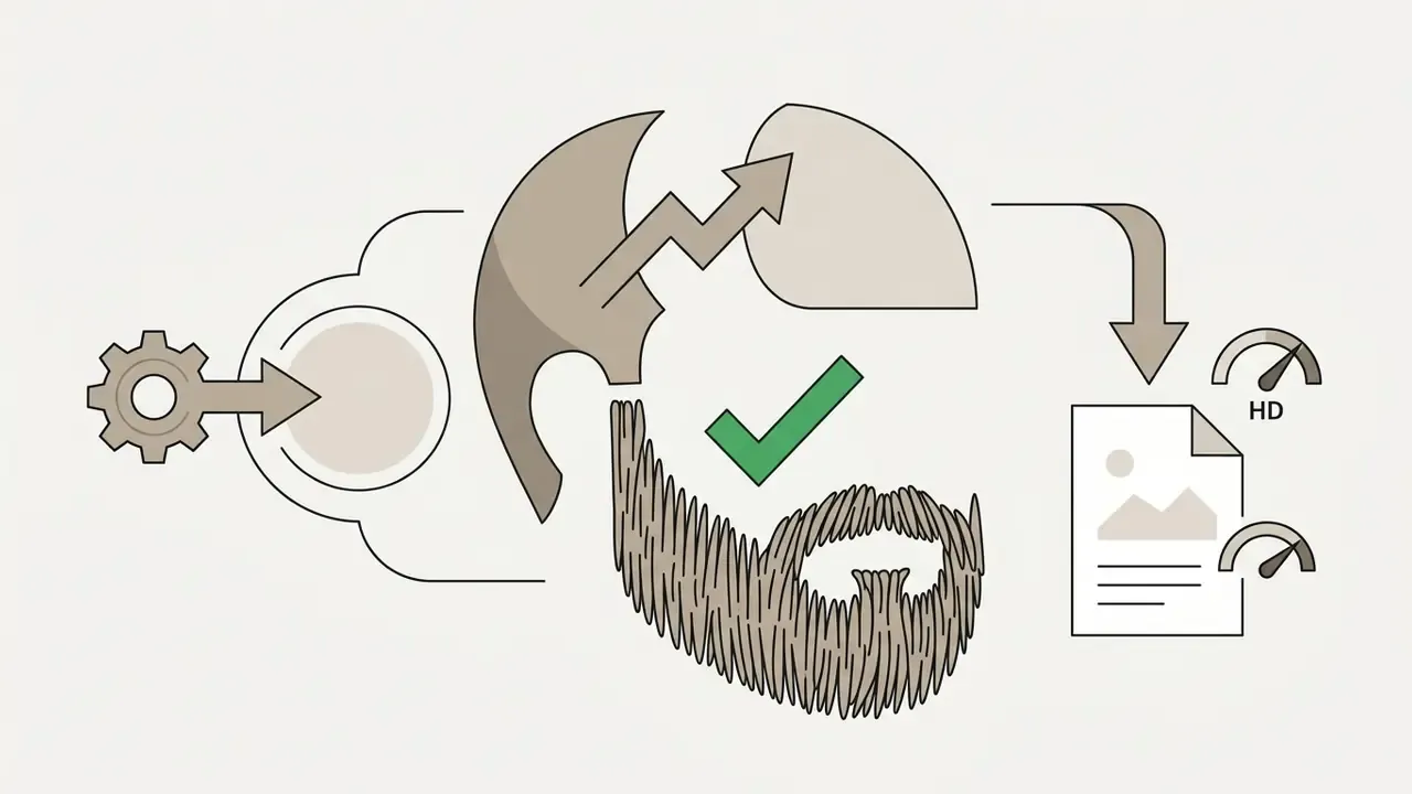 Gear icon feeding into a head profile with a beard and a checkmark leading to a high definition document