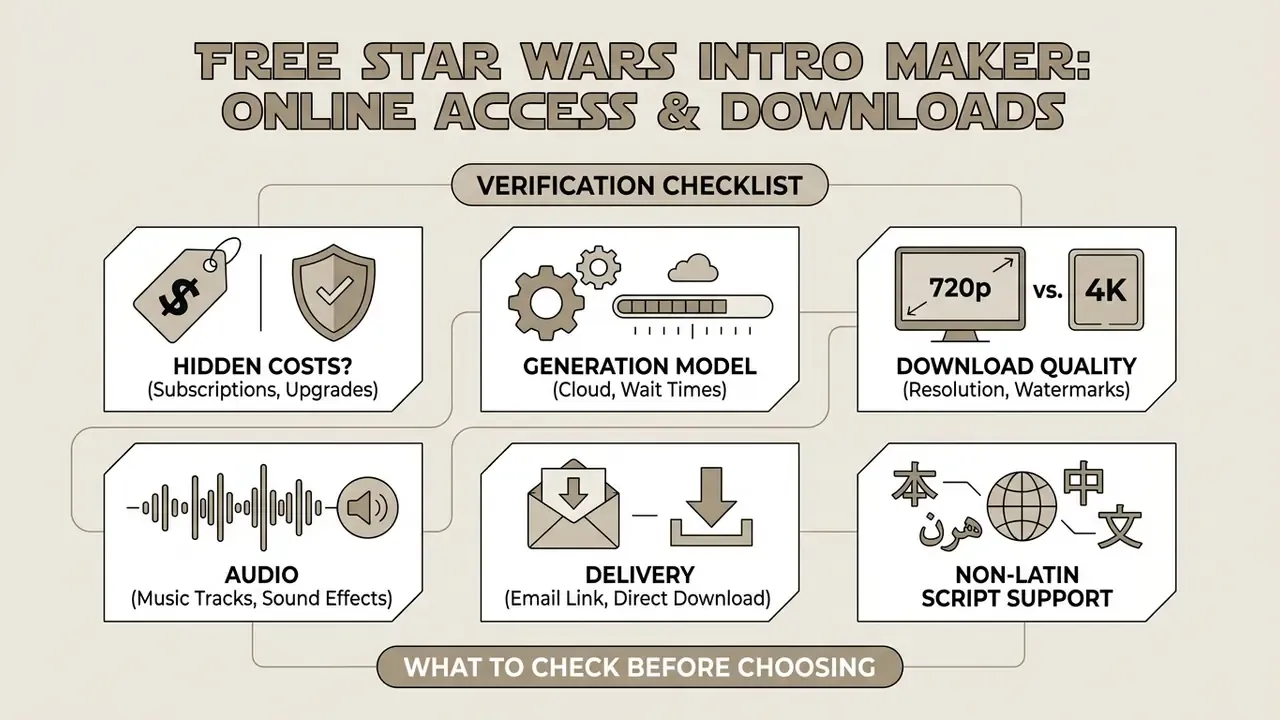 Checklist infographic detailing factors like hidden costs, generation speed, and file quality for web tools