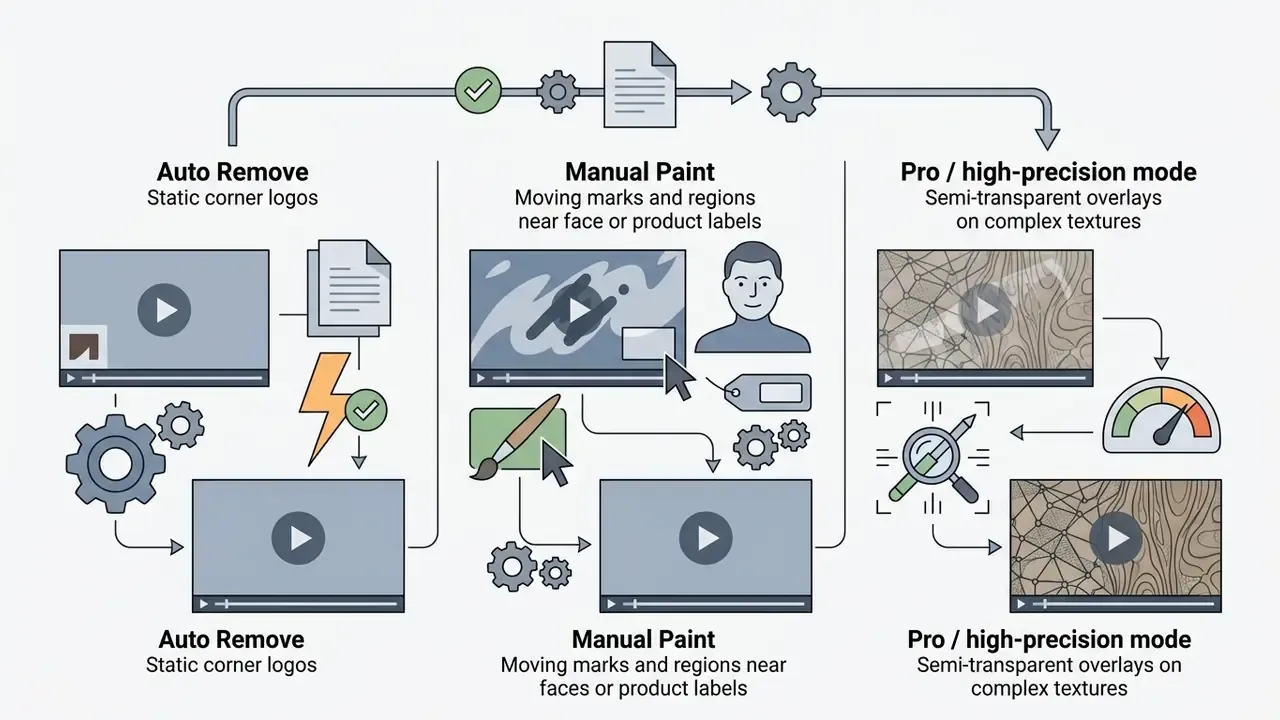 Three processing paths for an online video watermark remover showing auto, manual, and precision modes