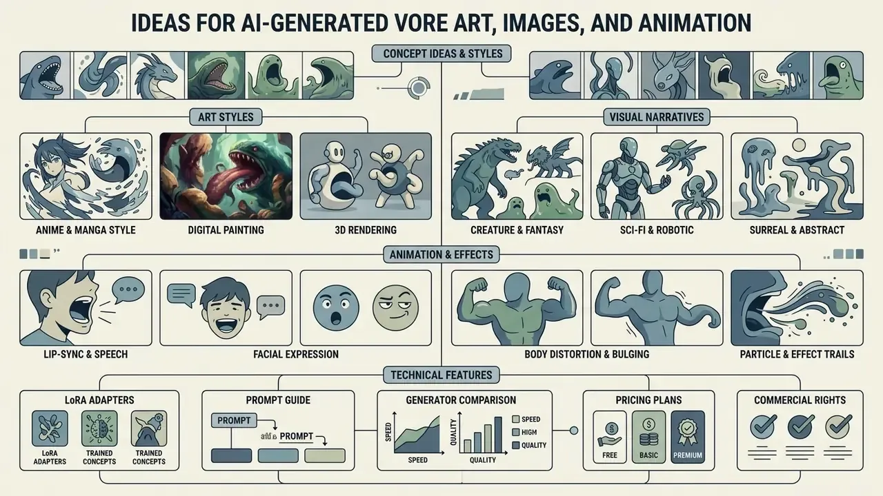 Infographic organizing creative concepts, art styles, animation techniques, and technical tool features
