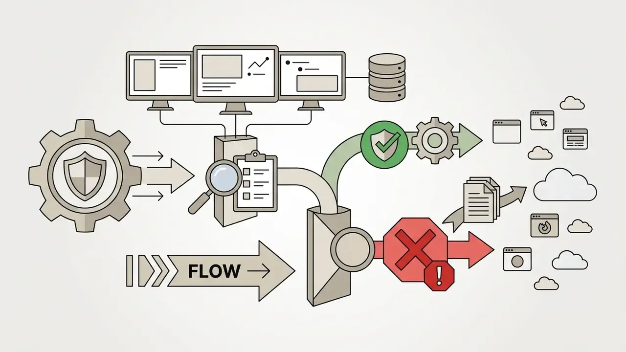 Diagram showing data security flow from managed devices to approved or blocked web upscaler domains
