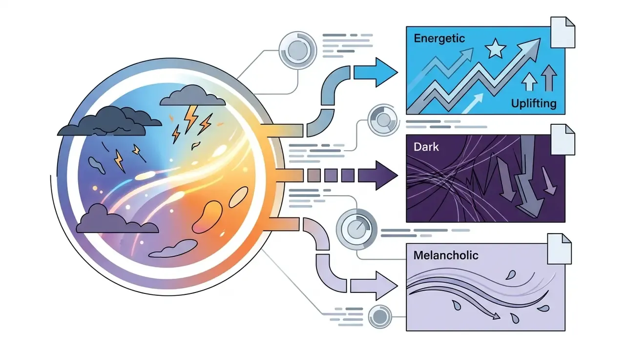Visual representation of emotional tone categories like energetic, dark, and melancholic for AI music