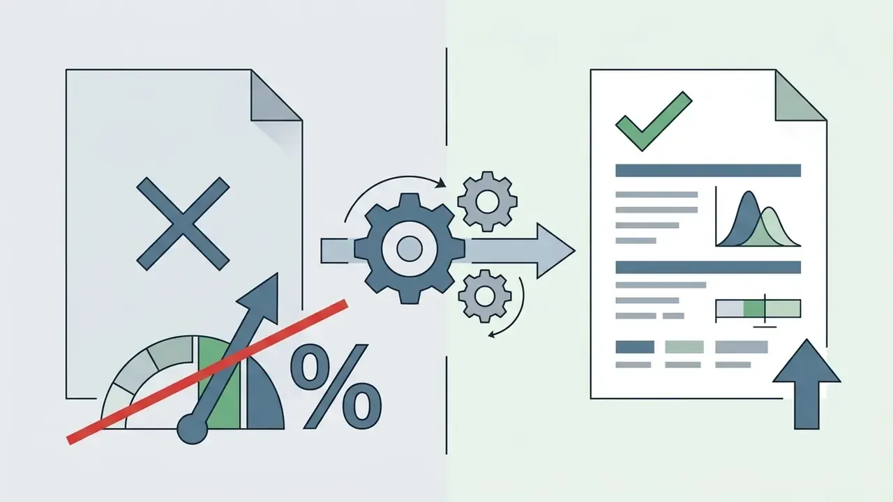 Document with an X and percentage gauge being processed by gears into a report with a check mark and data