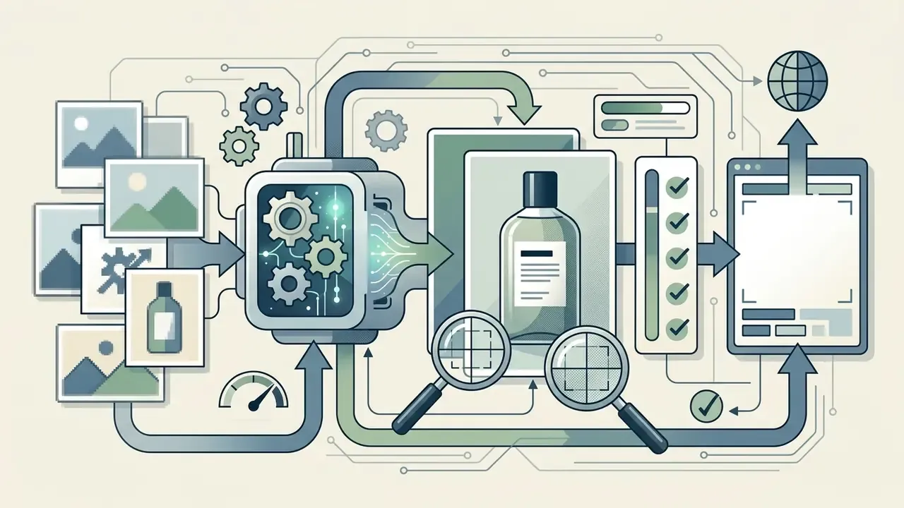 Digital processor refining product photos with magnifying glasses and automated quality check markers