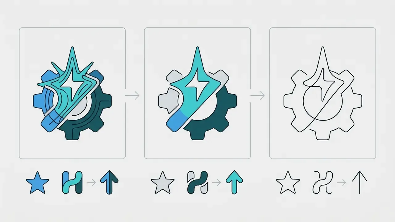 Three panels showing a gear and star icon progressively simplified into a minimalist line drawing