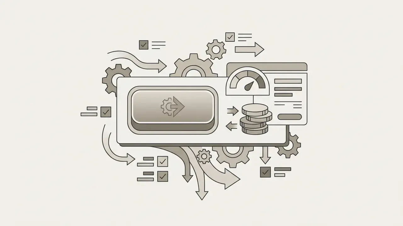 Generate button displayed alongside a credit meter and coin stack icons surrounded by gears and flow arrows