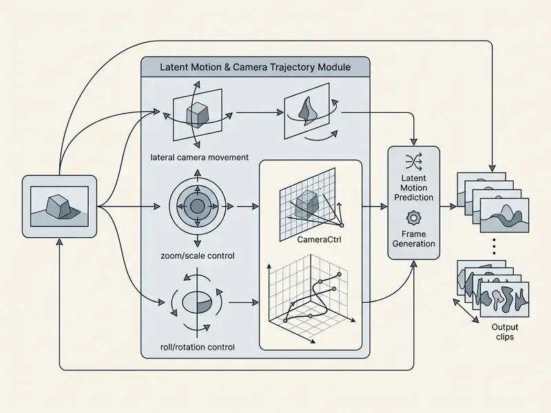 Schematic showing latent motion and camera trajectory modules parameterizing movement for video generation