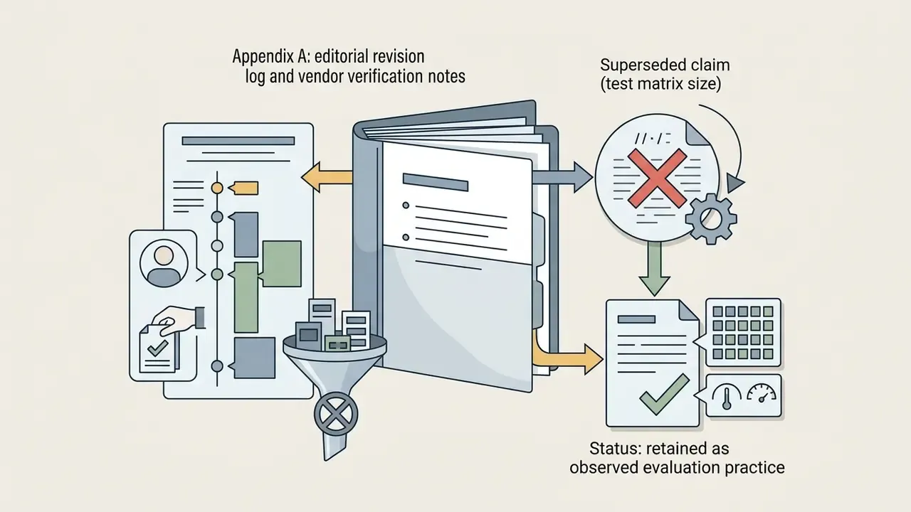 Central binder linking a revision timeline to a rejected claim and a validated evaluation practice