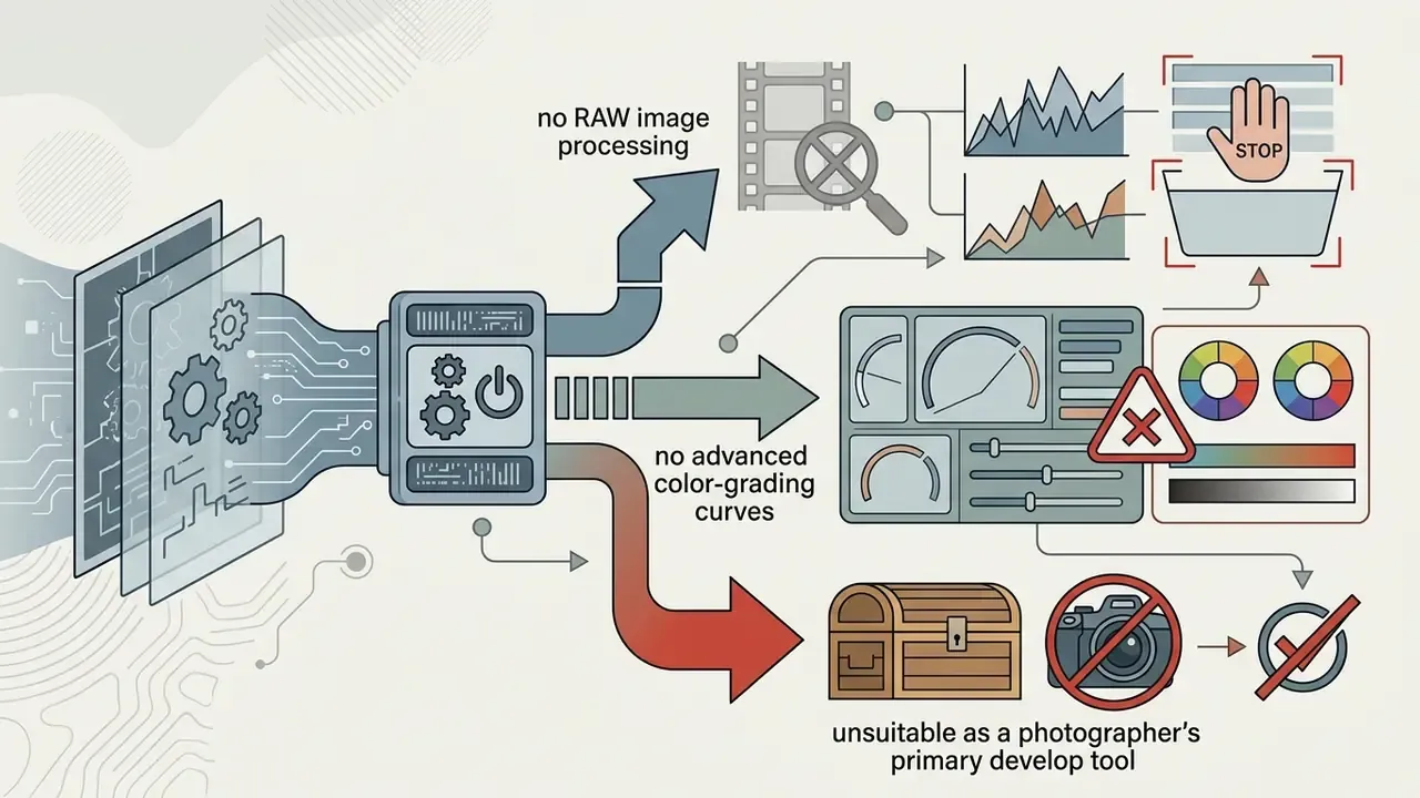 System processing layers into functional modules with icons indicating limitations for professional editing