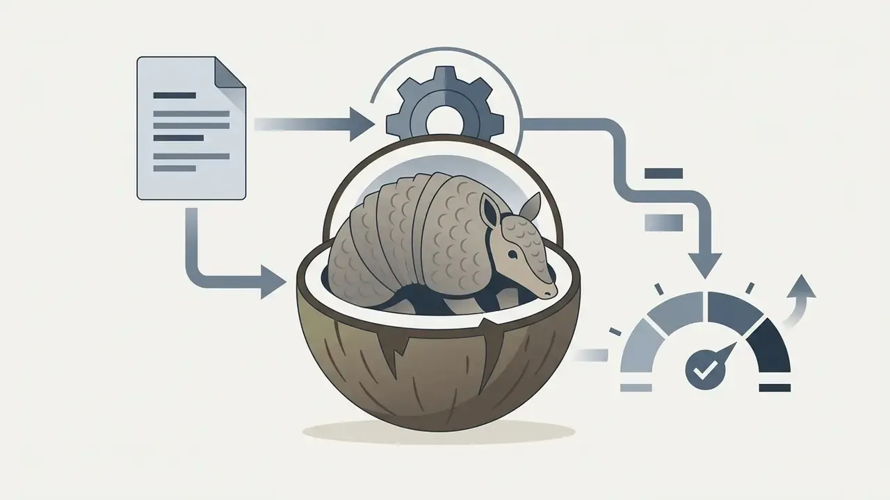 Armadillo inside a coconut shell connected to a gear icon, document, and a speed gauge