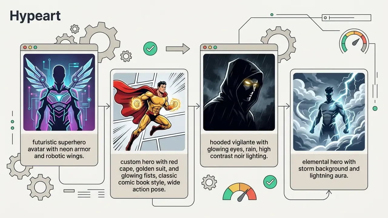 Four distinct character cards showing a futuristic hero, a caped crusader, a vigilante, and a storm hero