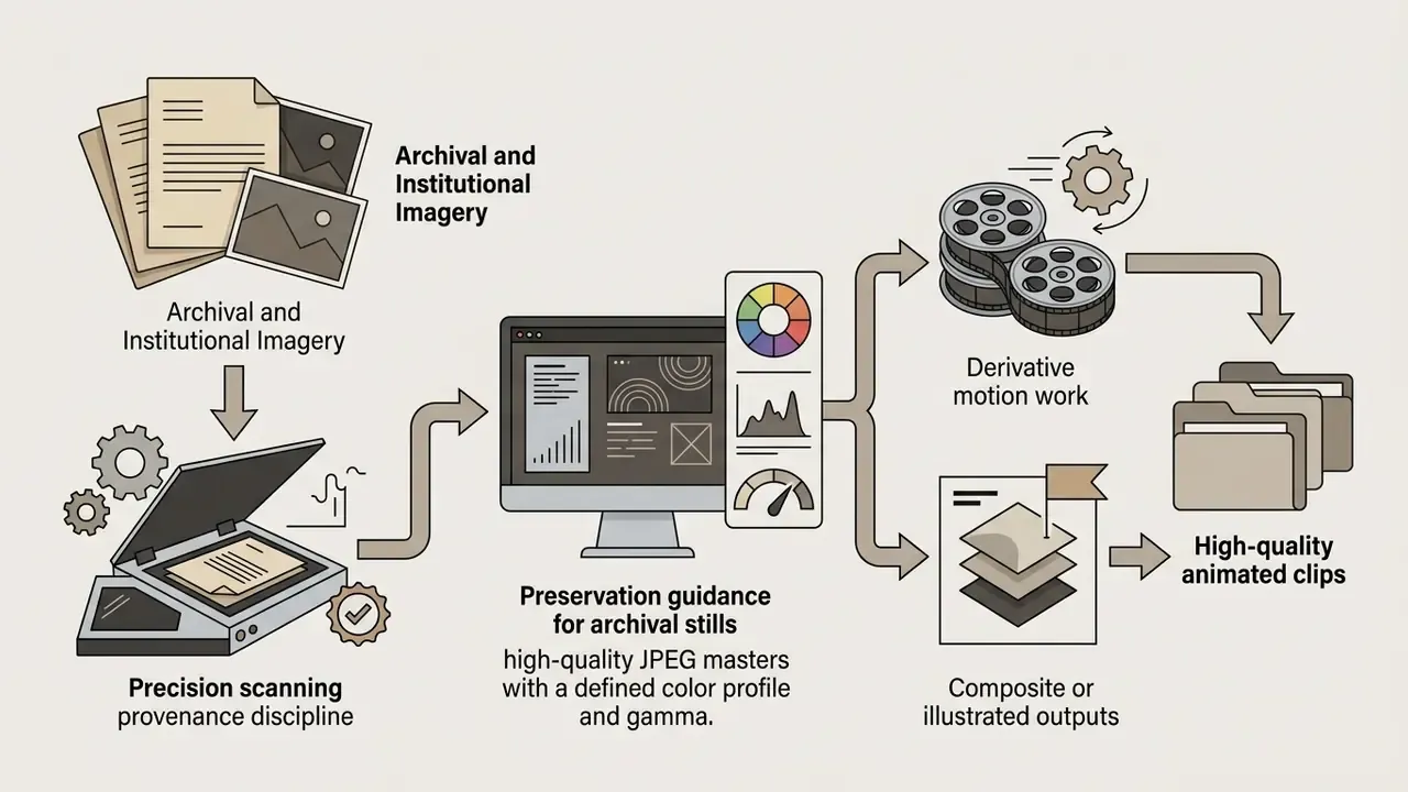 Workflow showing archival document scanning, digital preservation, and conversion into motion media