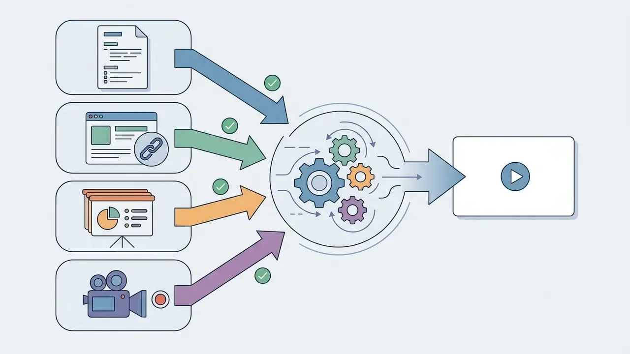 Documents, web links, slides, and video files feeding into a central gear system to create video content