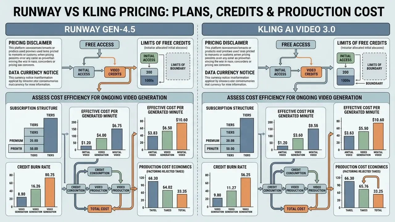 Comparative data flowcharts detailing subscription tiers, credit burn rates, and production cost metrics