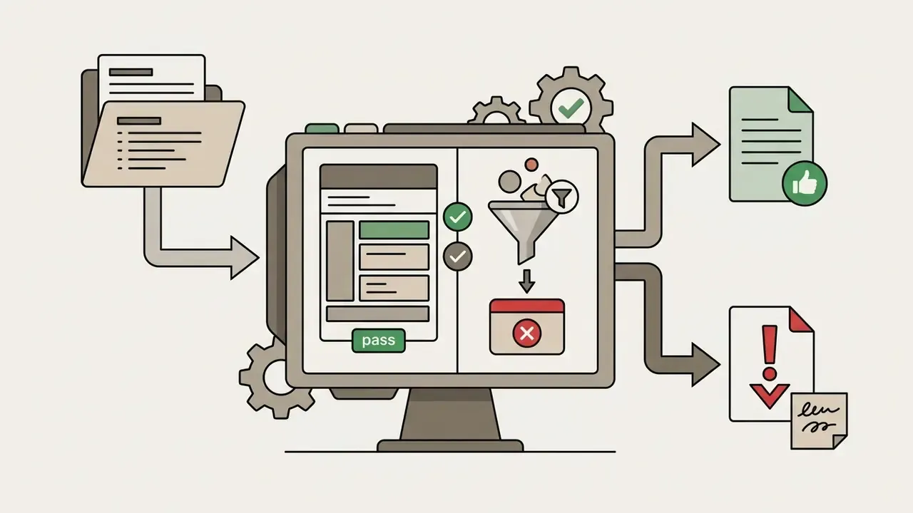Computer screen filtering document data into approved files or flagged items with escalation notes