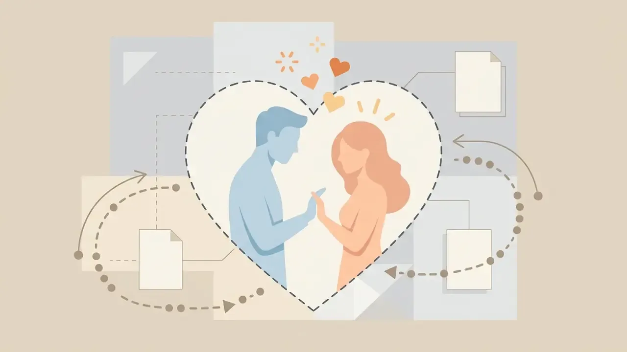 Couple silhouette inside a heart shape connected to document icons by dashed arrows and circular paths
