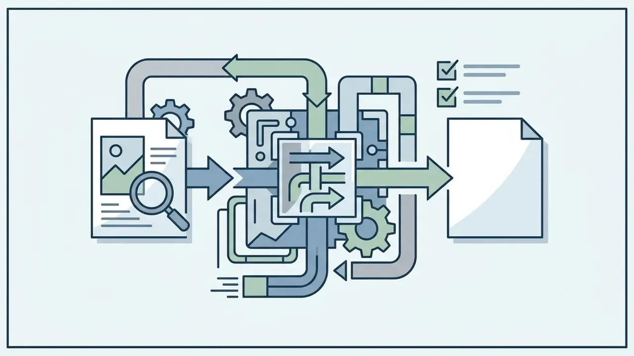 Flowchart showing an image file being analyzed by a central processor to generate a structured text document