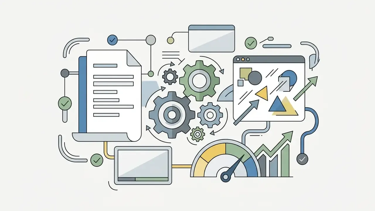 Paperwork and digital design elements feeding into a central gear system linked to a gauge and trend chart