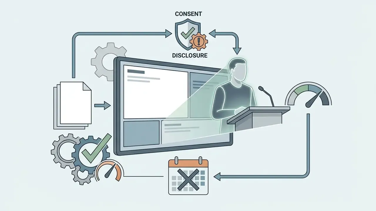 Digital screen showing an AI avatar presenting at a podium with consent and disclosure icons