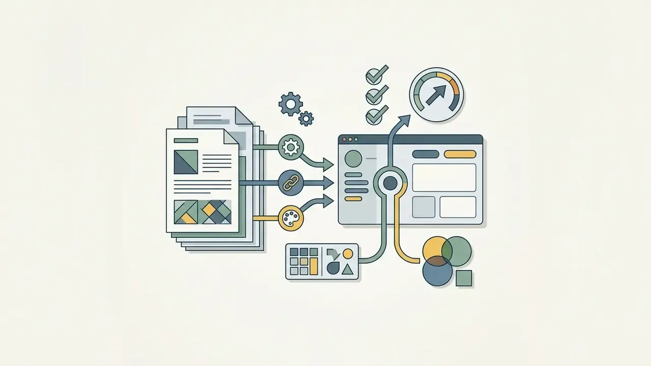 Documents feeding into a digital interface with icons for settings, links, and color palettes