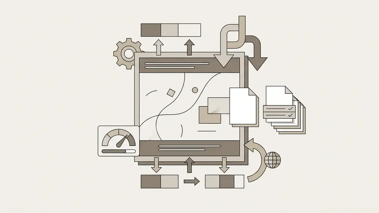 Square frame surrounded by gears, speed gauges, and file icons representing automated video processing