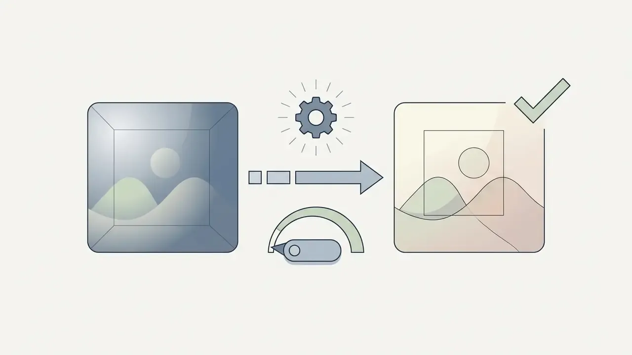 An arrow pointing from a dark photo icon to a stylized version with a gear and a low intensity slider