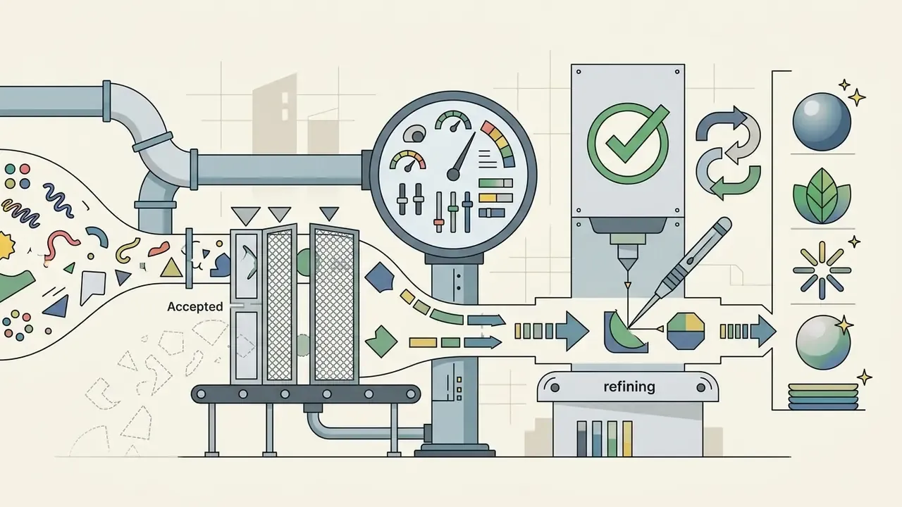 Industrial system filtering raw shapes into refined assets through a gauge-monitored curation process