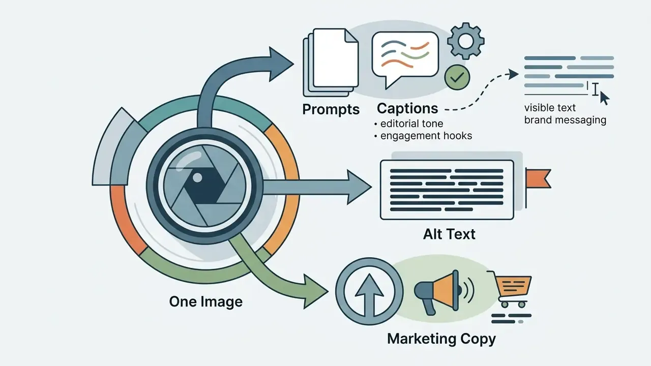Diagram showing a camera lens feeding into separate workflows for prompts, captions, alt text, and marketing copy