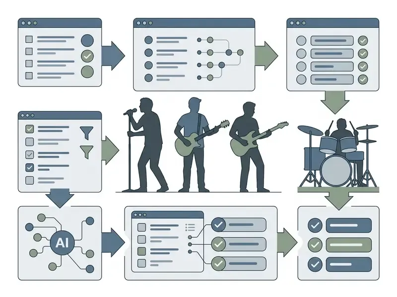 Step by step workflow showing digital interface selections leading to an AI band name generator output