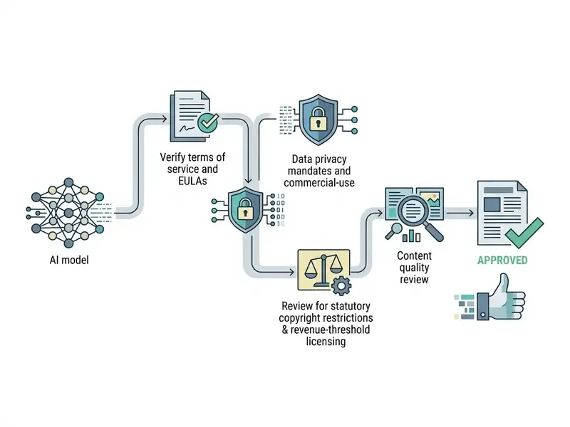 Process diagram showing steps to evaluate AI content for legal compliance and quality before approval
