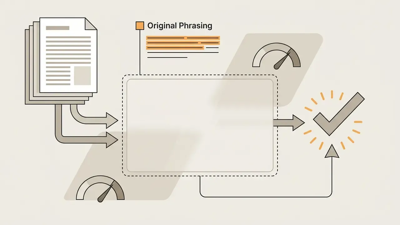 Stack of documents feeding into a central box with speedometers and a final checkmark symbol