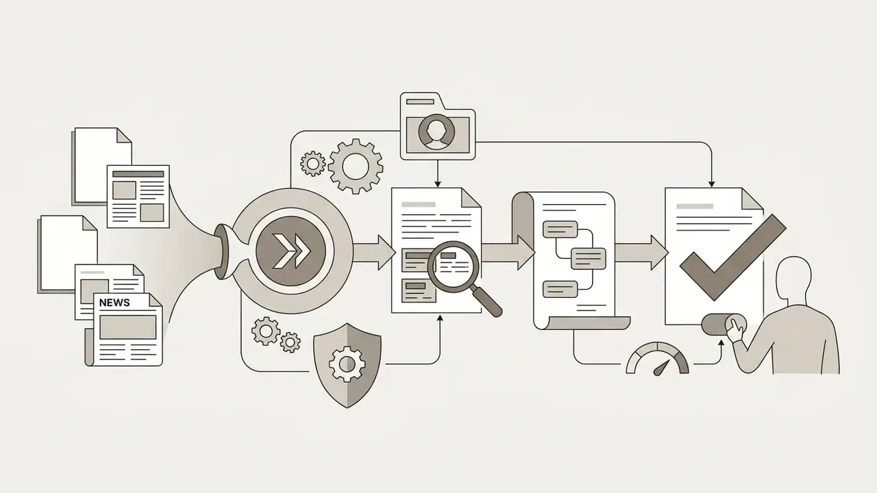 News and document files flow through a gear hub to generate case summaries and human-verified outcomes