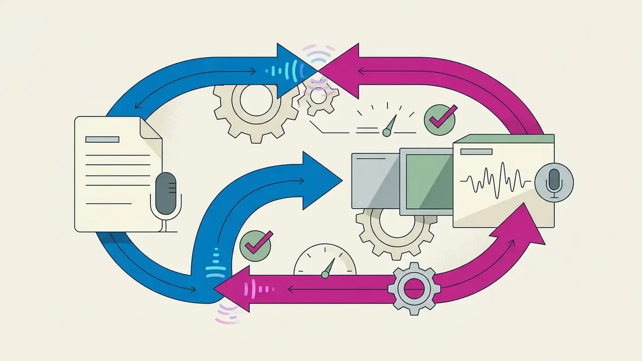 Looping arrows connecting a written script and a microphone to video editing software and audio waveforms